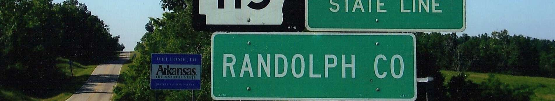 AR Highway signs showing Randolph Co and AR state line